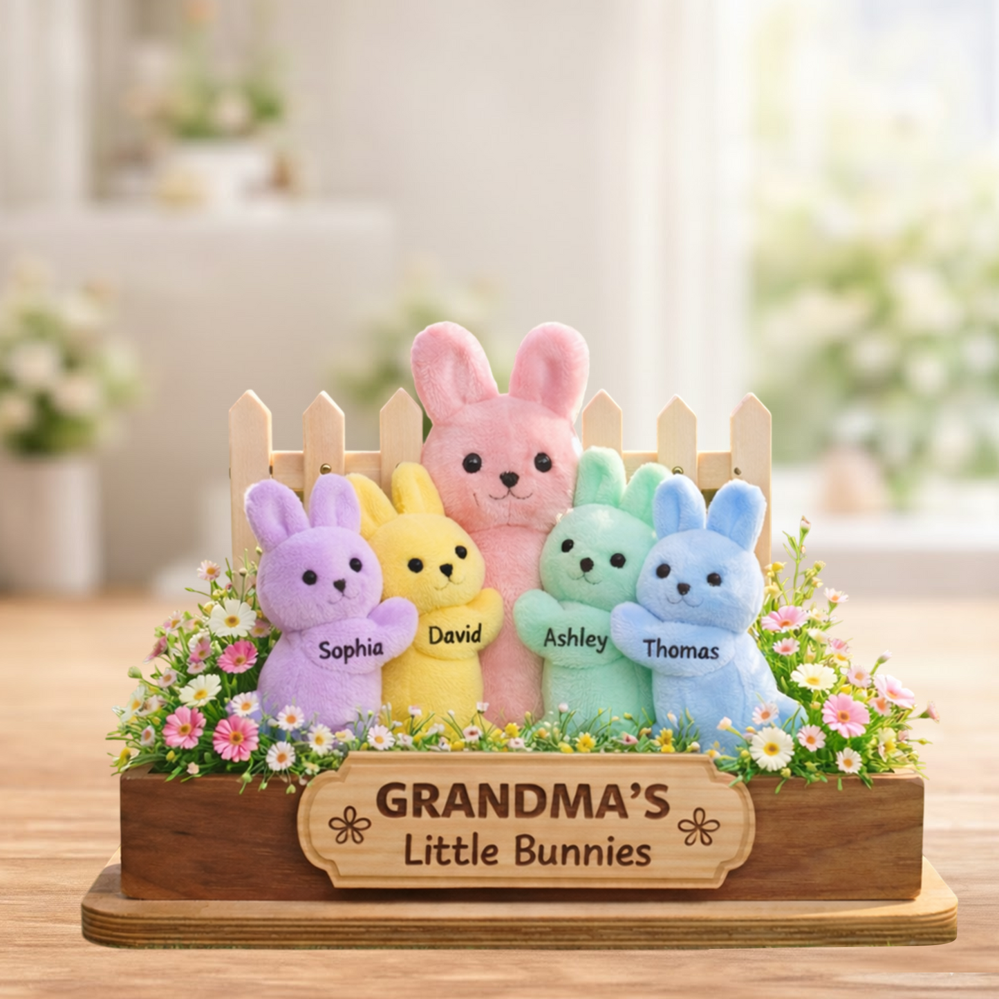 Personalized Easter Wooden Plaque - "Grandma's Little Bunnies" with Custom Grandkids' Names, Plush Bunny and Floral Design