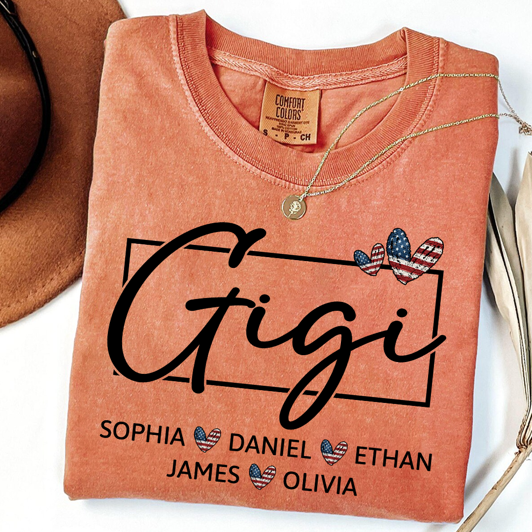 Comfort Colors Personalized Gigi Shirt with Children Names USA Flag Heart Graphic Custom Grandma Tee Stylish Script Design Family Gift Shirt