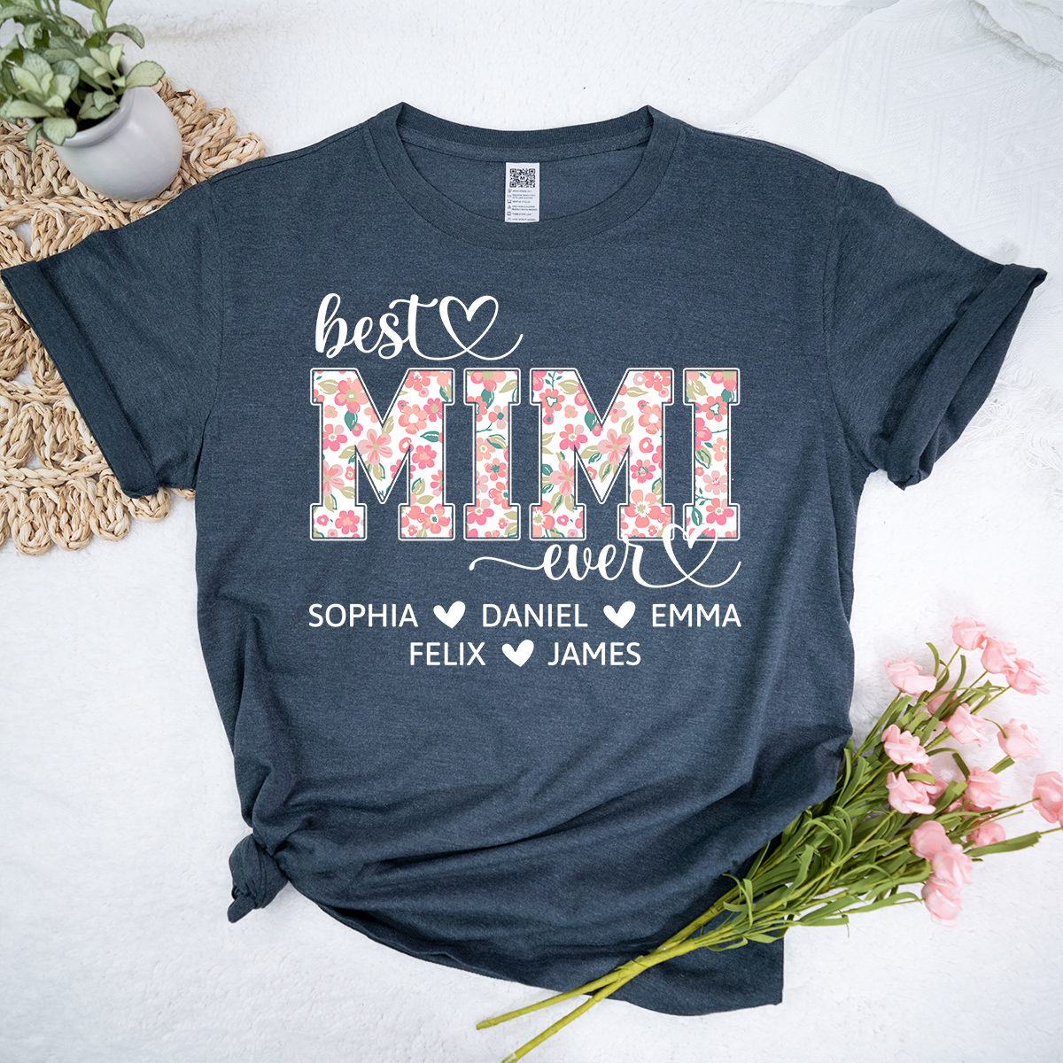 Best Mimi Ever Personalized T Shirt, Custom Floral Design with Grandkids Names