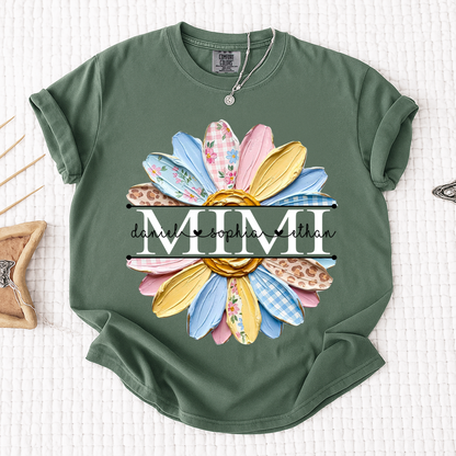 Comfort Mimi Floral Shirt, Custom Grandkids Names with Colorful Patchwork Daisy Design
