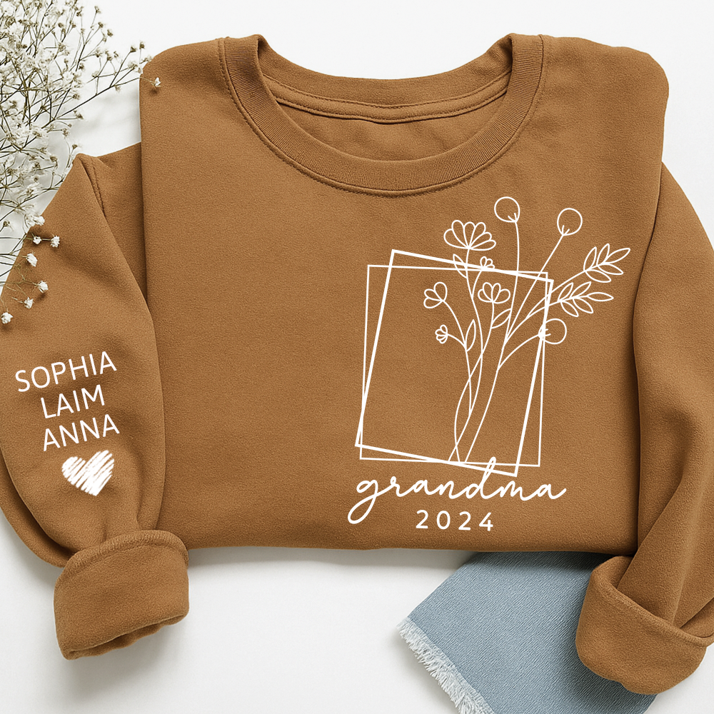 Fall Floral Design Sweatshirt with Flowers, Custom Nickname Grandma And Kids