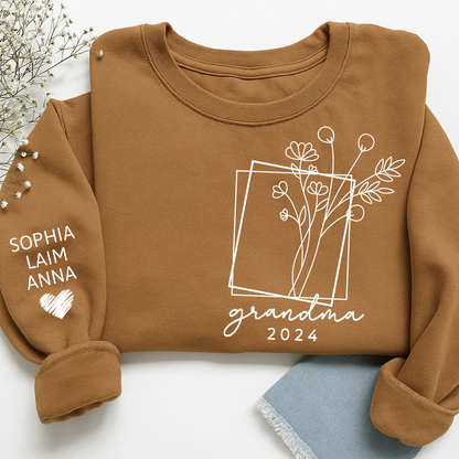 Fall Floral Design Sweatshirt with Flowers, Custom Nickname Grandma And Kids