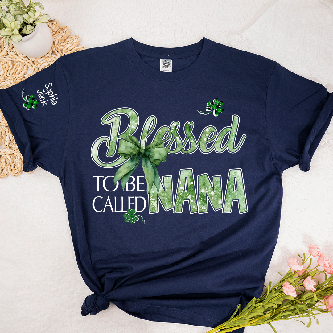Personalized Nana T-shirt, Blessed to Be Called Nana Patrick's Day Green Clover Bow Design Gift for Grandma