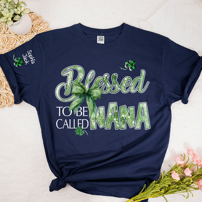 Personalized Nana T-shirt, Blessed to Be Called Nana Patrick's Day Green Clover Bow Design Gift for Grandma