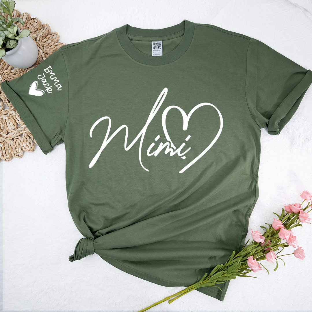 Personalized Family Mimi T Shirt with Custom Names, Simple Script Heart Design