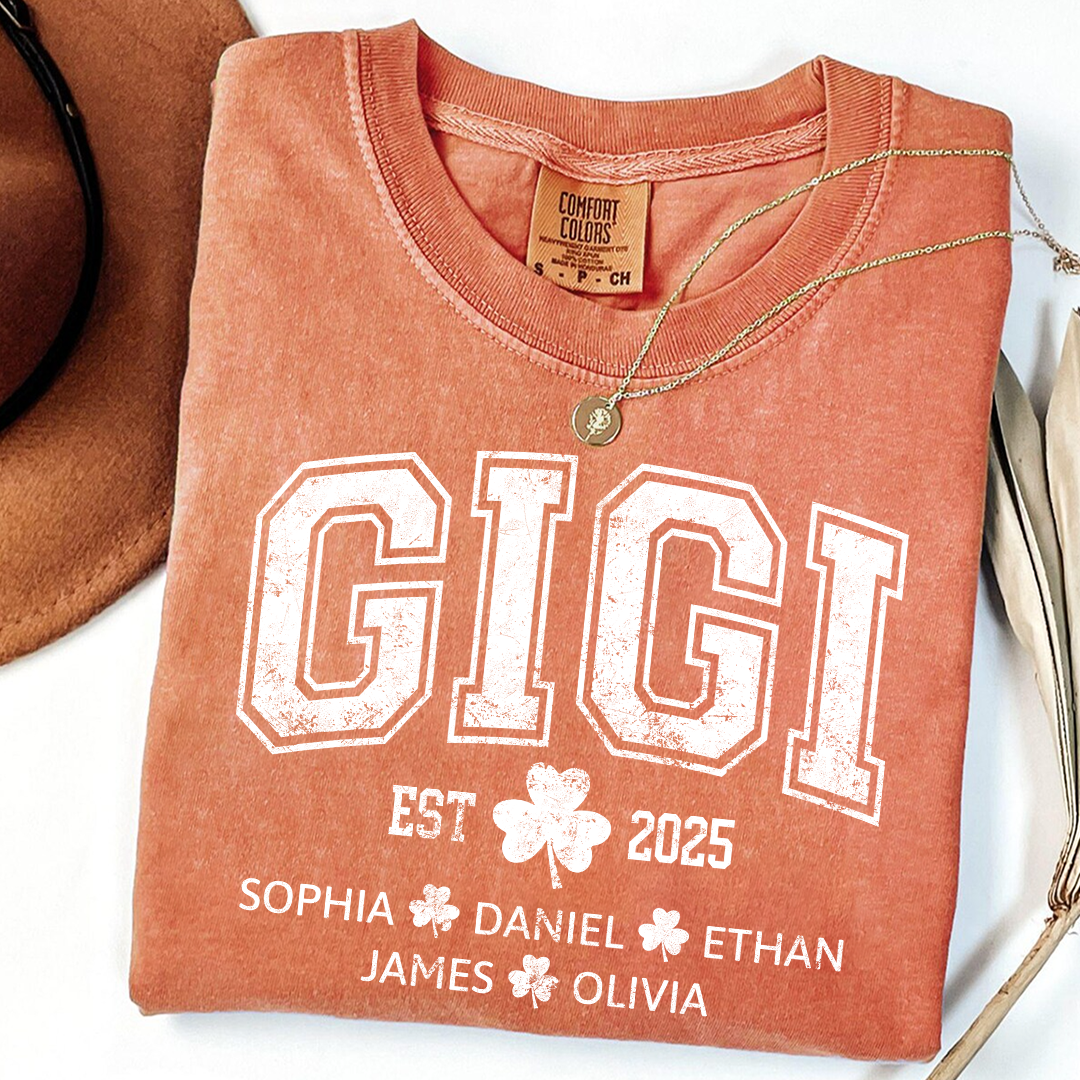 Comfort Colors St Patrick’s Day Gigi Shirt Est 2025, Custom Grandma T Shirt with Kids Names Shamrock Design