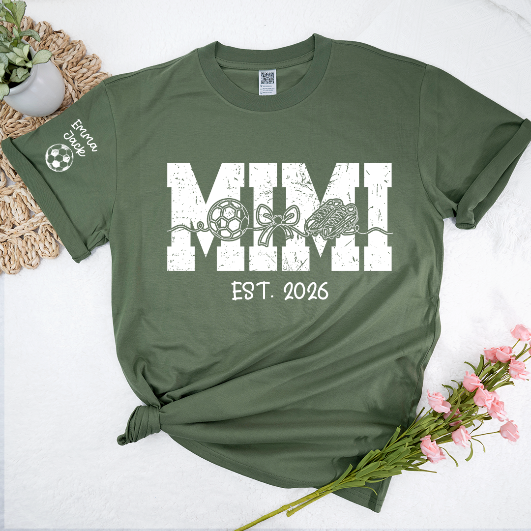 Mimi Est 2026 Soccer Grandma Shirt Personalized Grandkids Names Family T Shirt