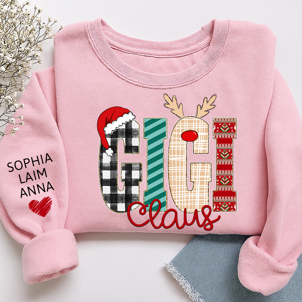 Gigi Claus Christmas Sweatshirt – Personalized Holiday  with Child’s Name on Sleeve Sweatshirts