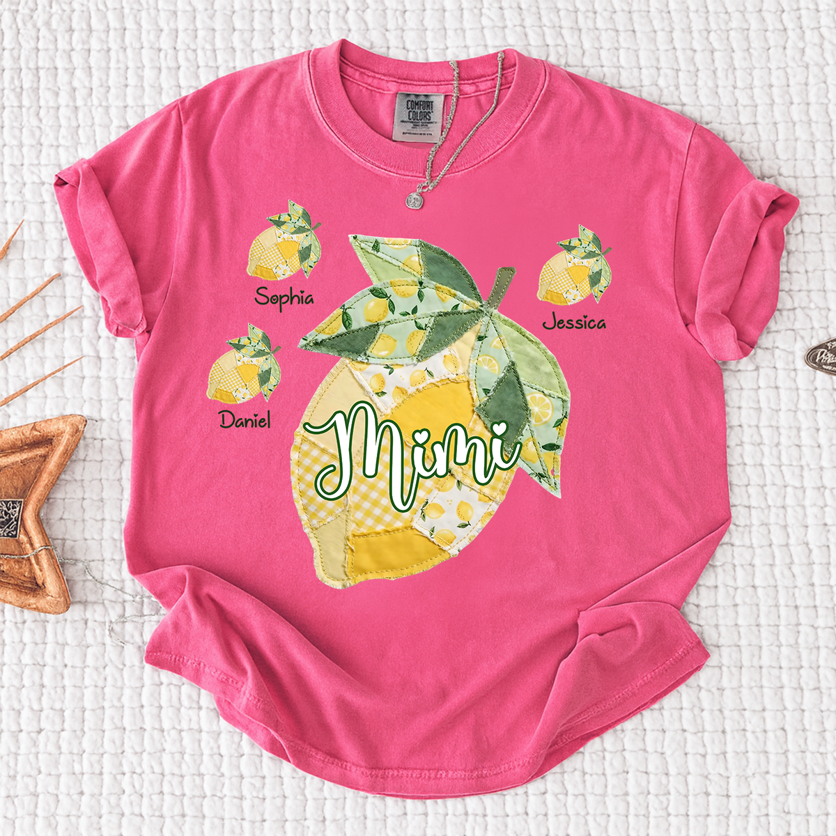 Comfort Colors Personalized Mimi Lemon Shirt with Grandkids Names, Custom Grandma Lemon Patchwork T Shirt for Women, Summer Family Gift