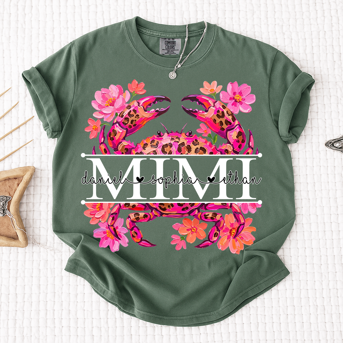 Comfort Colors® Personalized Mimi Crab Shirt with Grandkids Names, Custom Grandma Tee, Floral Leopard Beach Design T Shirt for Mimi Gift
