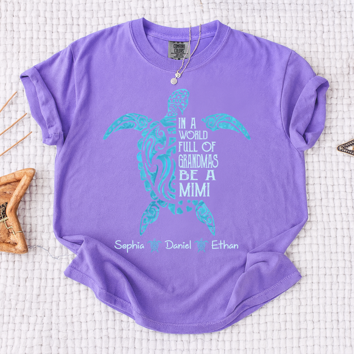 Comfort Colors In A World Full Of Grandmas Be A Mimi Shirt – Personalized Sea Turtle Graphic Tee, Custom Kids Names Gift for Mimi