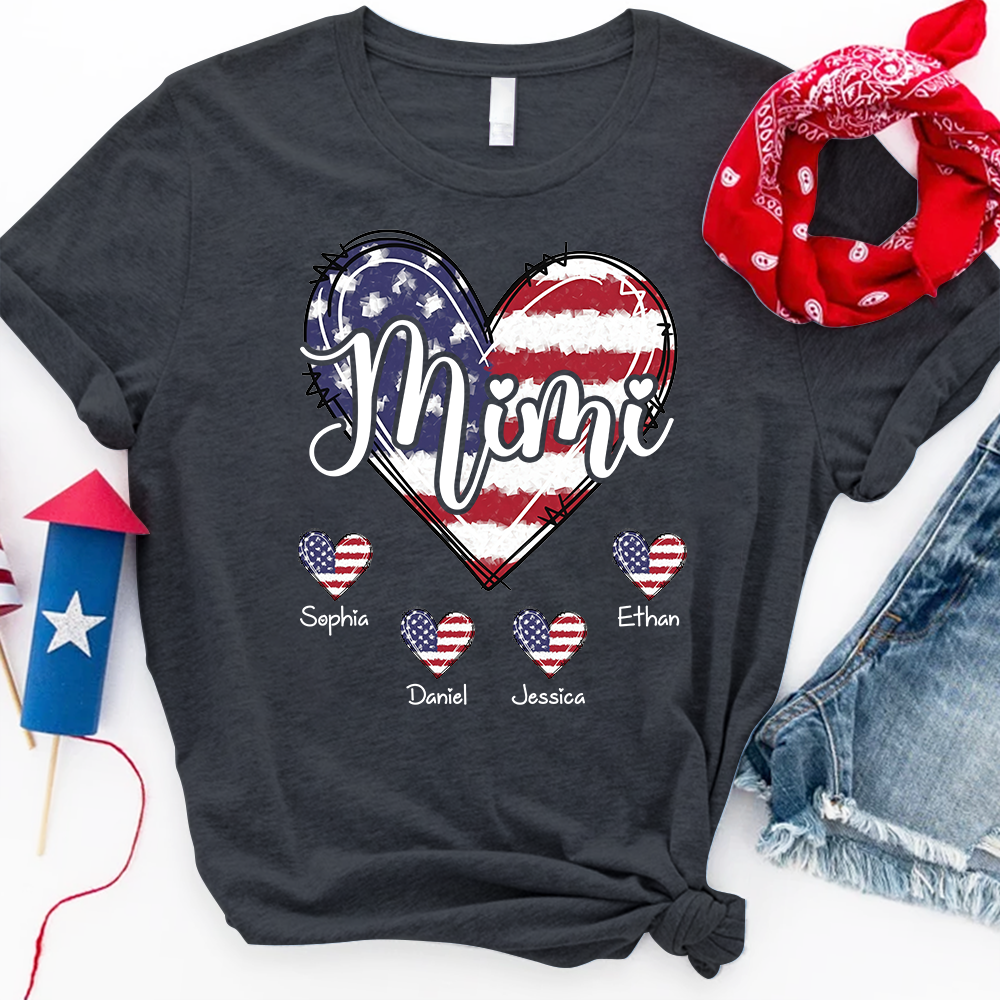 Custom Mimi Shirt with Grandkids Names American Flag Heart Design Personalized Family Name Tee