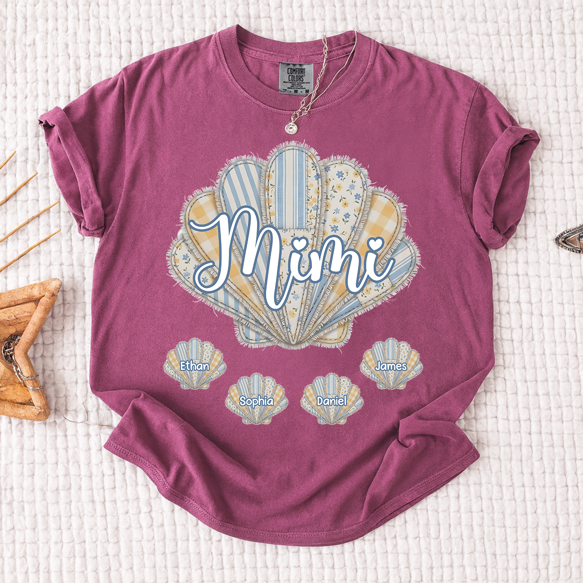 Comfort Colors Personalized Mimi Shirt with Grandkids Names, Custom Seashell Patchwork Graphic Tee, Beach Grandma Summer Family Shirt