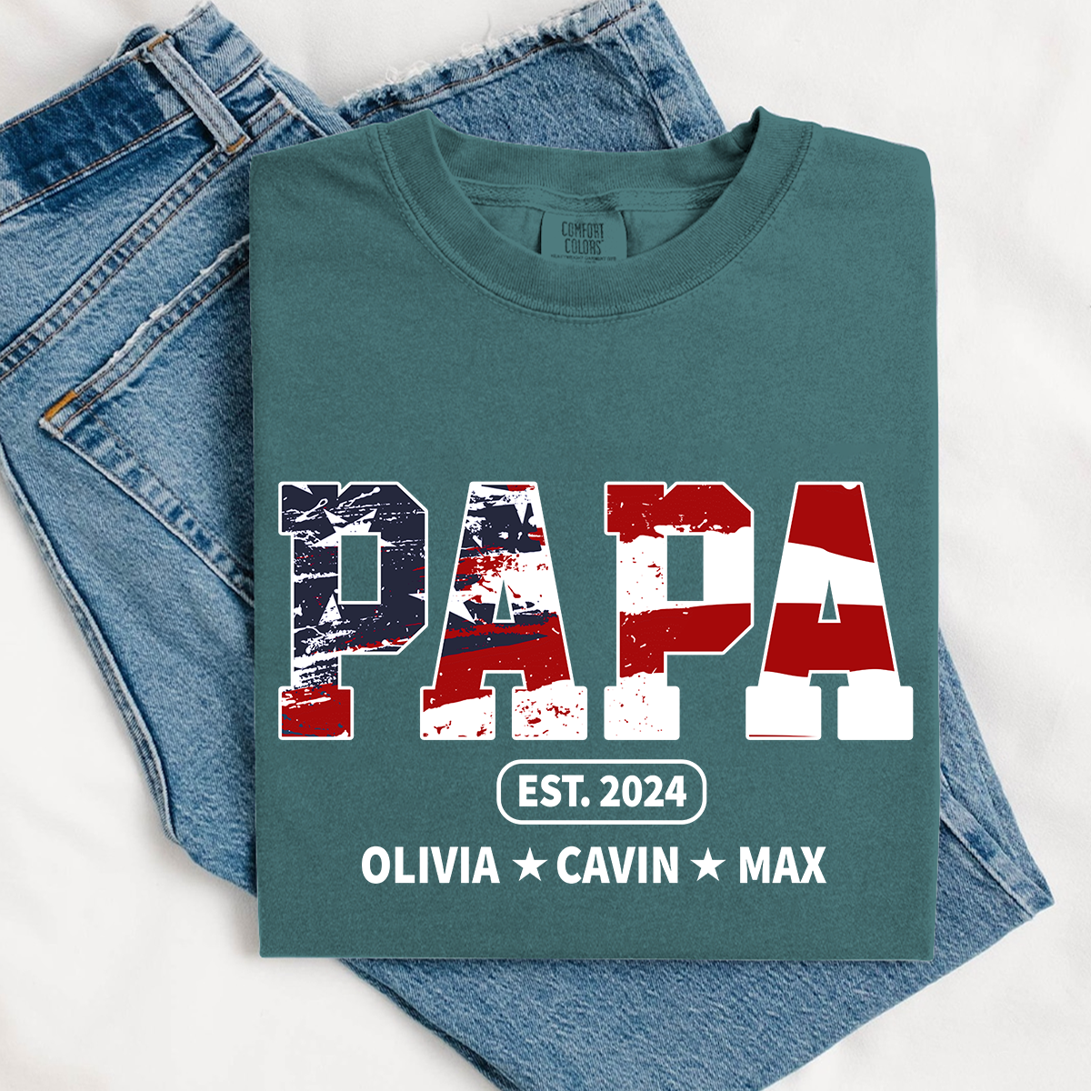 Comfort Colors® Papa Est Independence Day Shirt, Custom Nickname And Grandkids 4th Of July Shirt