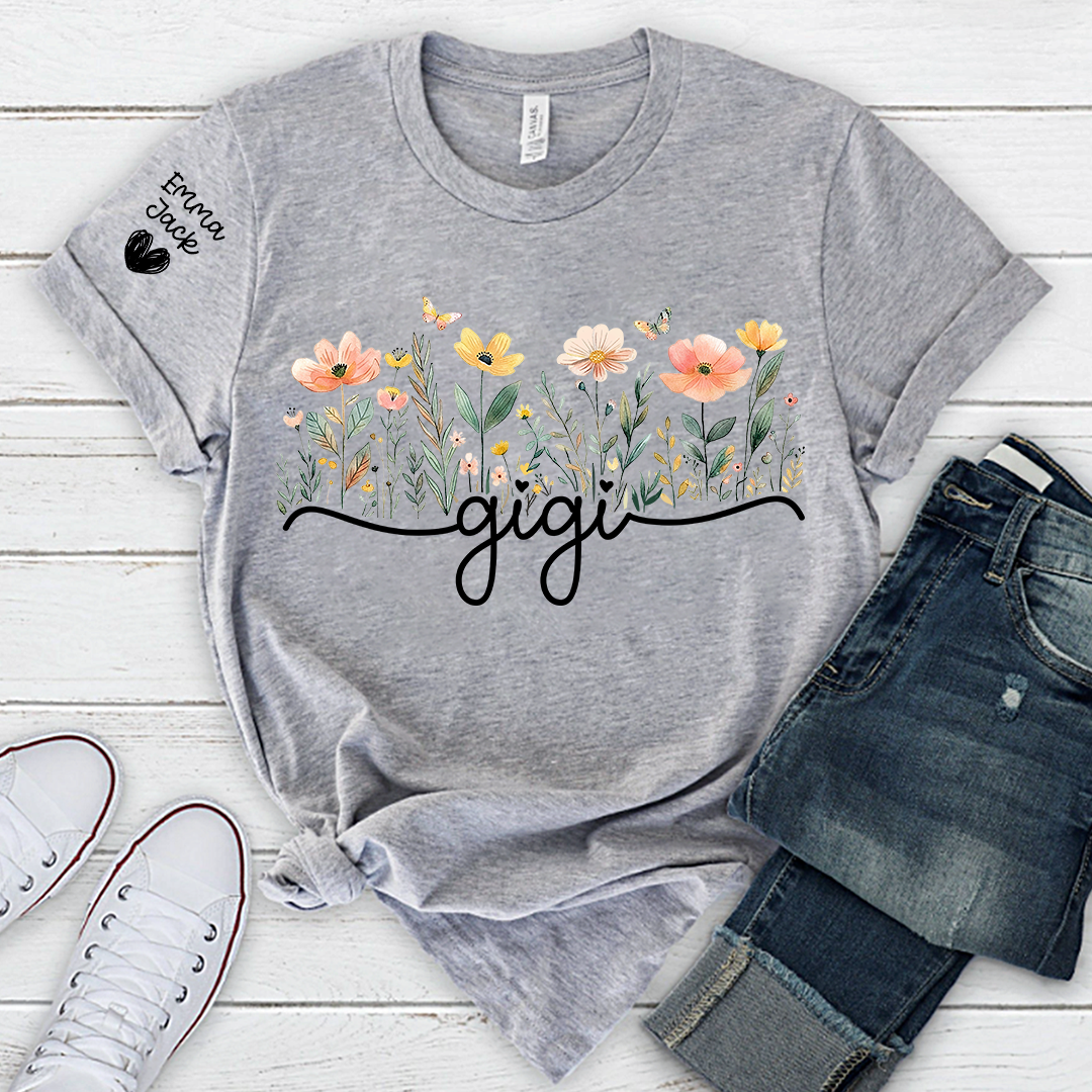 Gigi Floral Shirt, Personalized Grandma Tee with Family Names, Flower Garden Graphic T Shirt, Gift for Gigi from Grandchildren