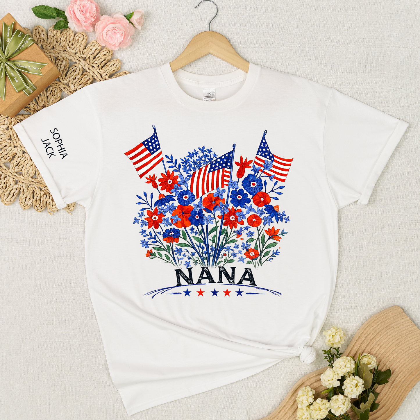 Personalized Nana Shirt Patriotic Floral American Flag Design Custom Grandma Mimi Gigi Name Tee with Grandkids Names Family 4th of July Outfit