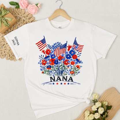 Personalized Nana Shirt Patriotic Floral American Flag Design Custom Grandma Mimi Gigi Name Tee with Grandkids Names Family 4th of July Outfit