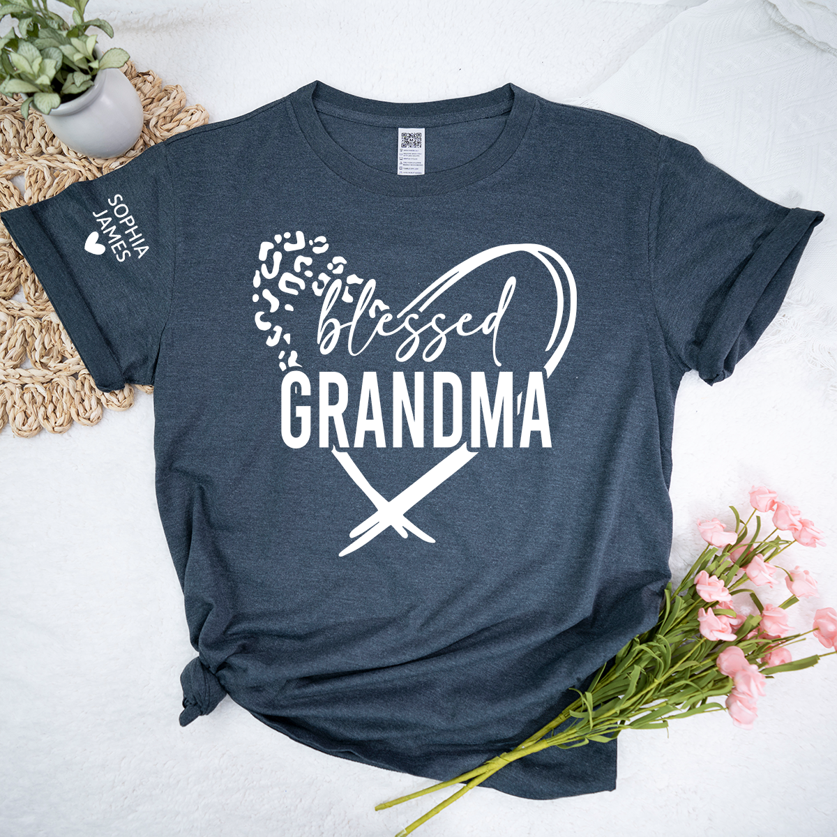 Blessed Grandma Shirt, Leopard Print Heart Design T-Shirt, Custom Grandma Apparel for Her, Sentimental Family Gift