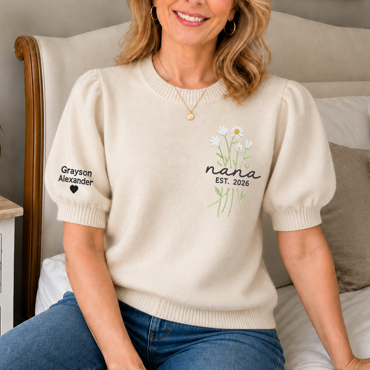 Custom Embroidered Knit Nana Sweater – Personalized Floral EST. 2026 Crewneck with Sleeve Name