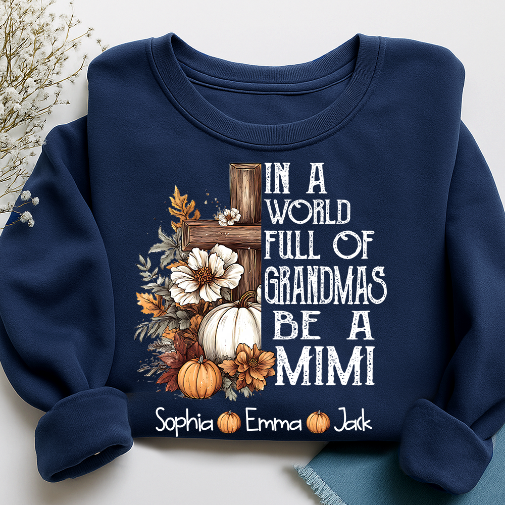 Personalized Mimi Fall Shirt, In A World Full Of Grandmas Be A Mimi Pumpkin Tee, Custom Grandkids Names T Shirt for Women