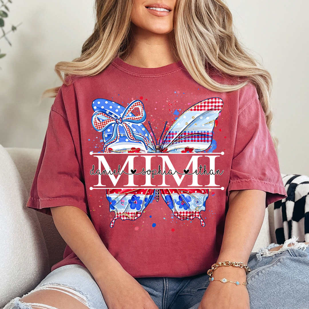 Custom Patriotic Butterfly Mimi T-Shirt, Personalized Grandma Shirt with Red White Blue USA Design