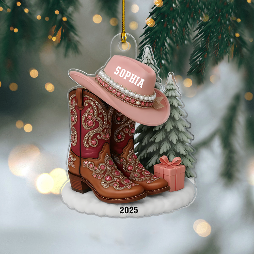 Personalized Cowgirl Ornament 2025 – Custom Name Western Boots and Hat Christmas Ornament for Cowgirl Lovers Ornament