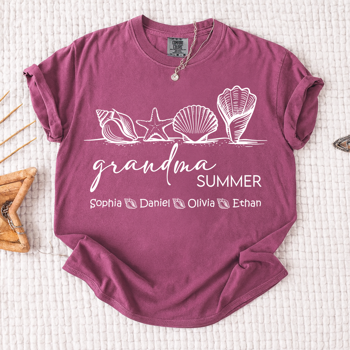 Comfort Colors Grandma Summer Vacation Shirt, Personalized Seashell T-Shirt with Kids Names, Beach Lover Grandma Family Trip Gift