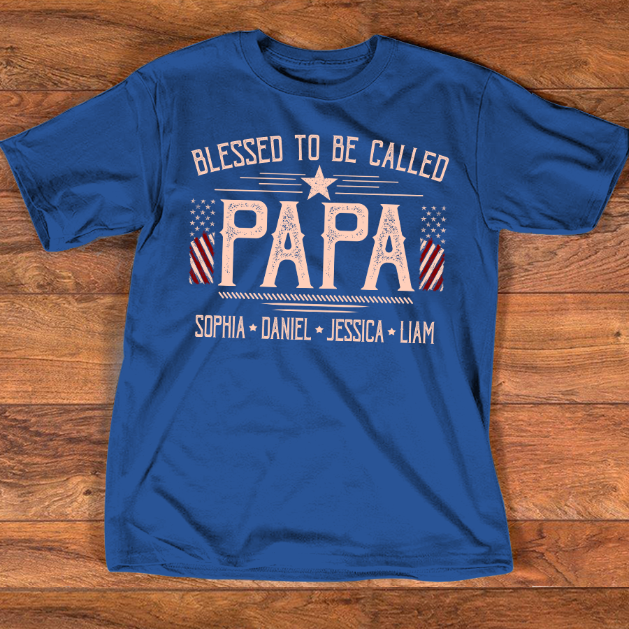 Custom Papa Shirt, Blessed to Be Called Papa with American Flag, Personalized Grandkids Names