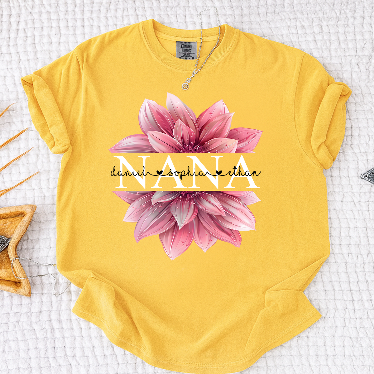 Comfort Colors Personalized Nana Shirt with Pink Lotus Flower Design, Custom Gift for Grandma with Grandkids Names