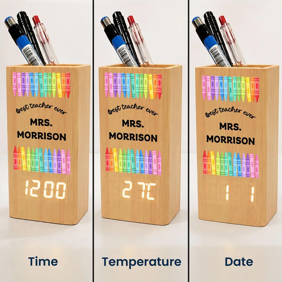 Personalized Teacher Pen Holder With Clock, Custom Desk Organizer Gift, Best Teacher Ever Appreciation Gift, Classroom Decor