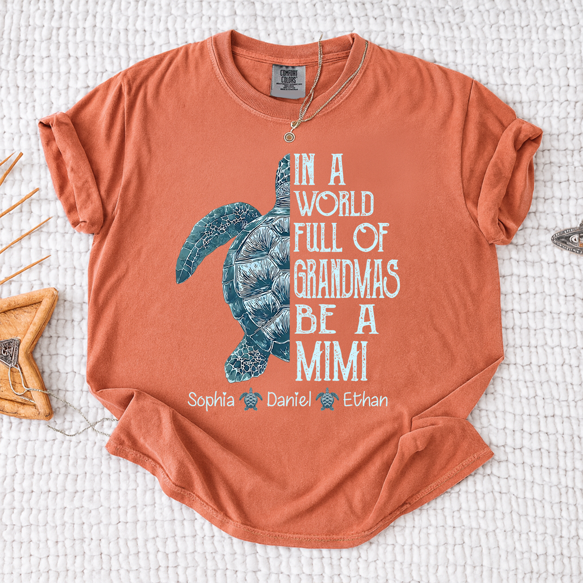 Comfort Colors Personalized Mimi Turtle Shirt, Custom Grandkids Names Sea Turtle Grandma T-Shirt, In a World Full of Grandmas Be a Mimi Gift