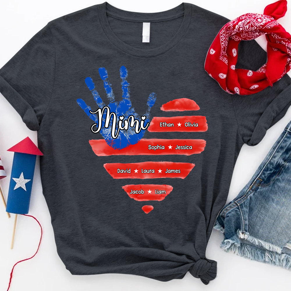 Custom Mimi Shirt, American Flag Handprint with Family Names, Personalized Gift for Mimi, Patriotic Grandkids Shirt