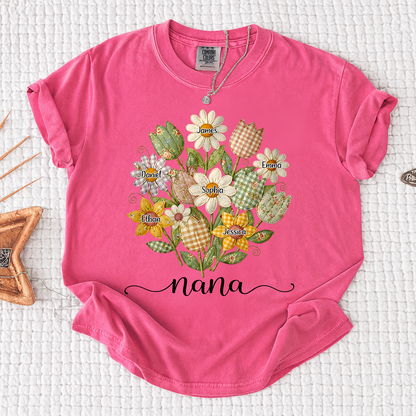 Comfort Colors Personalized Nana Shirt with Grandkids Names, Custom Flower Bouquet Grandma T Shirt, Family Gift for Nana
