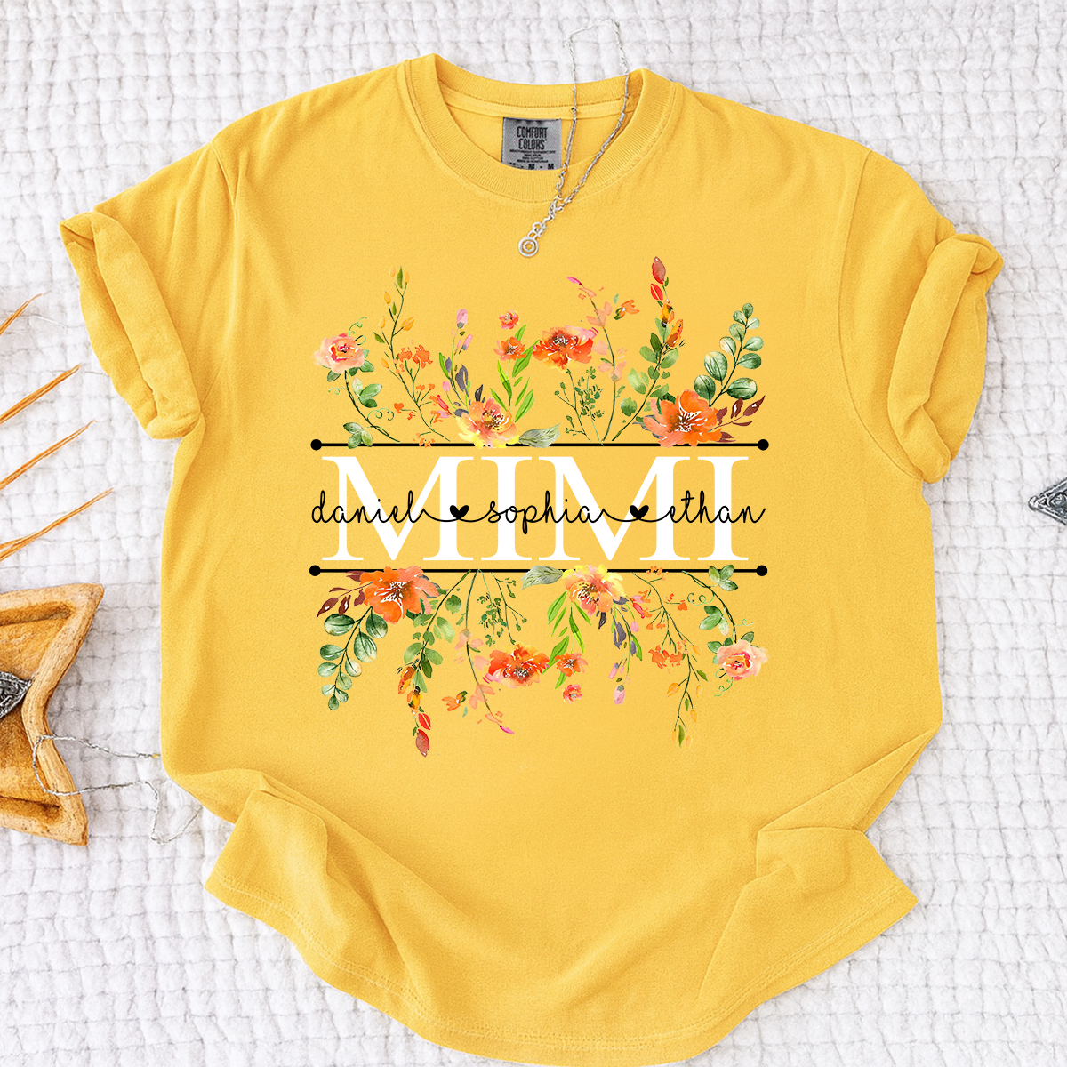 Comfort Colors Custom Mimi T-Shirt with Orange Wildflowers – Personalized Grandmother Gift Featuring Kids Names