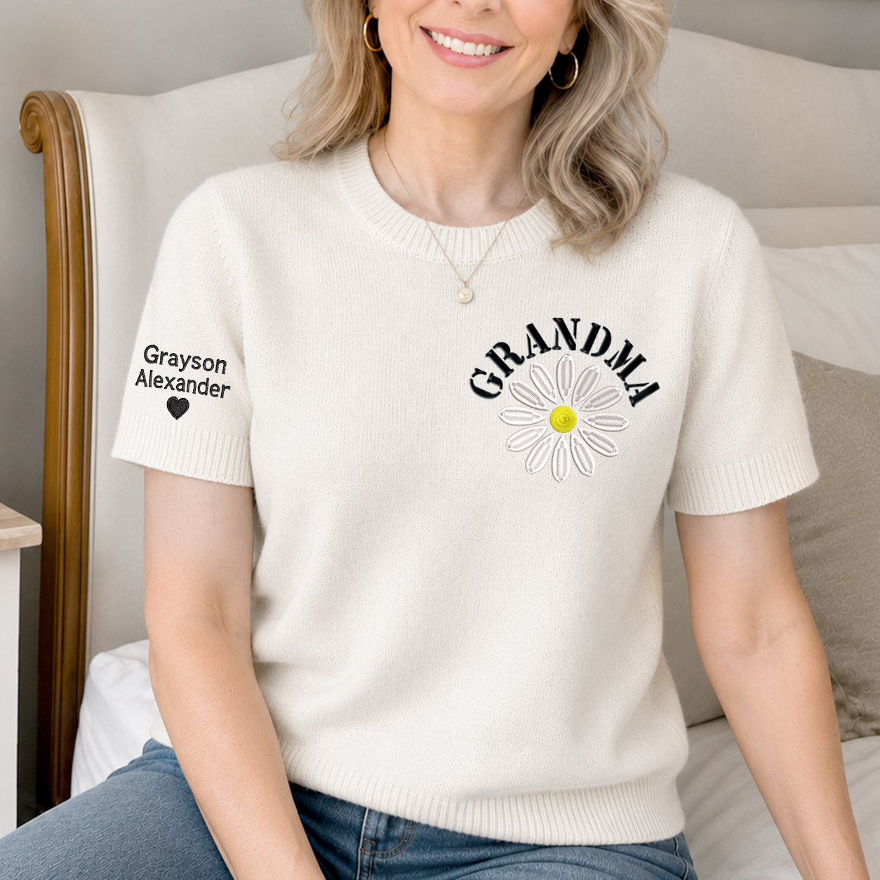 Custom Grandma Knit Sweater – Embroidered Daisy Pattern, Personalized Sleeve Text, Cozy Gift for Nana