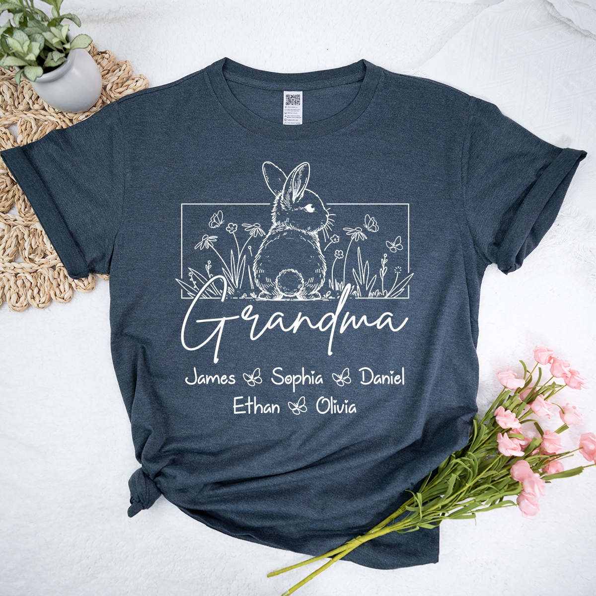 Personalized Grandma Bunny Shirt With Grandkids Names, Custom Easter Grandma Line Art T Shirt