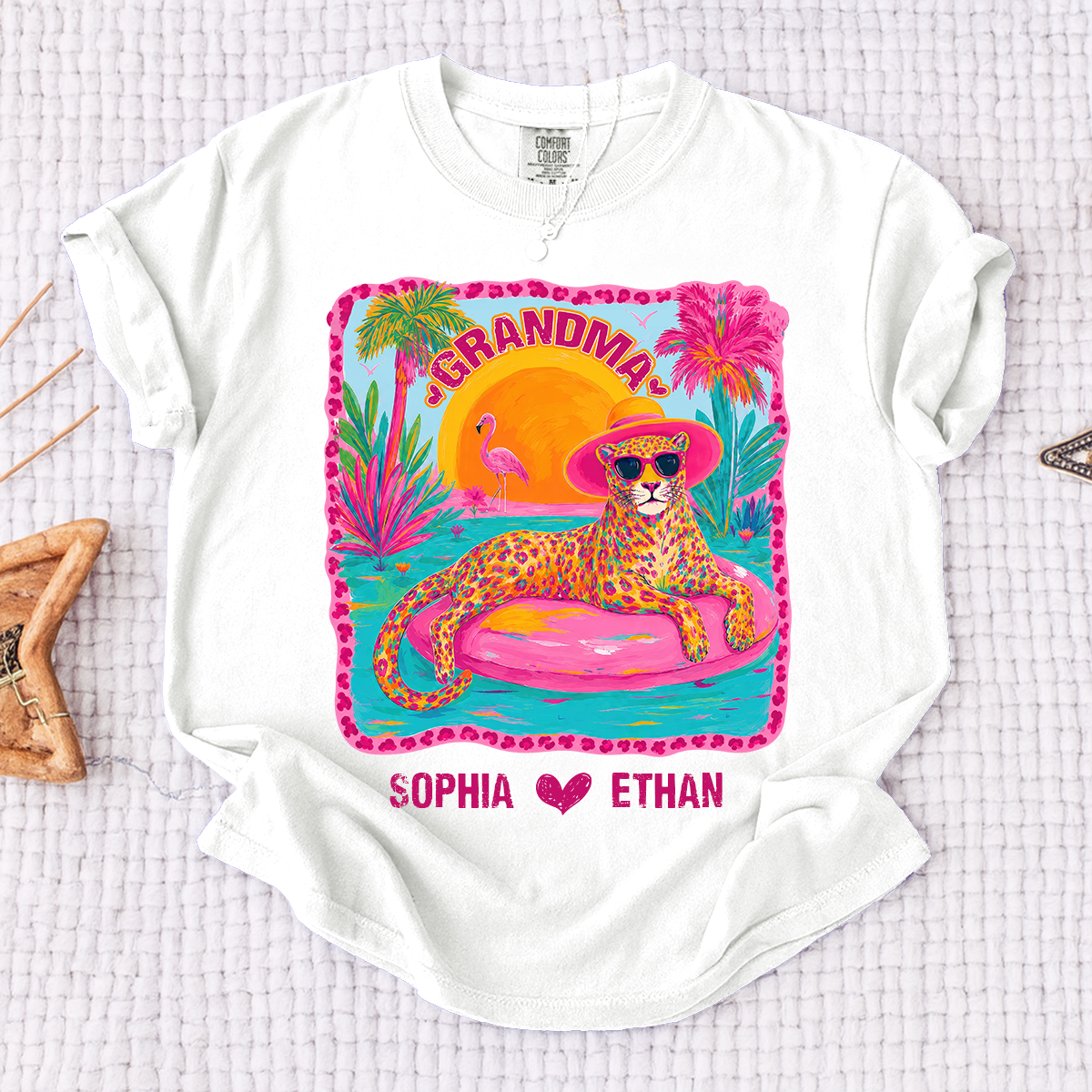 Comfort Colors® Custom Grandma Preppy Summer Gift Shirt, Gift For Grandma And Kids, Girly Beach Tee Retro Leopard Shirt Design Cute Summer Colorful Summe