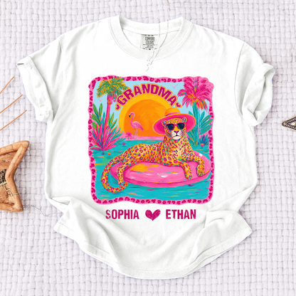 Comfort Colors® Custom Grandma Preppy Summer Gift Shirt, Gift For Grandma And Kids, Girly Beach Tee Retro Leopard Shirt Design Cute Summer Colorful Summe