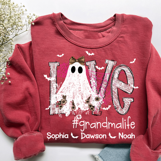 Personalized Mimi Life Halloween Sweatshirt, Custom Love Ghost Shirt with Kids Names