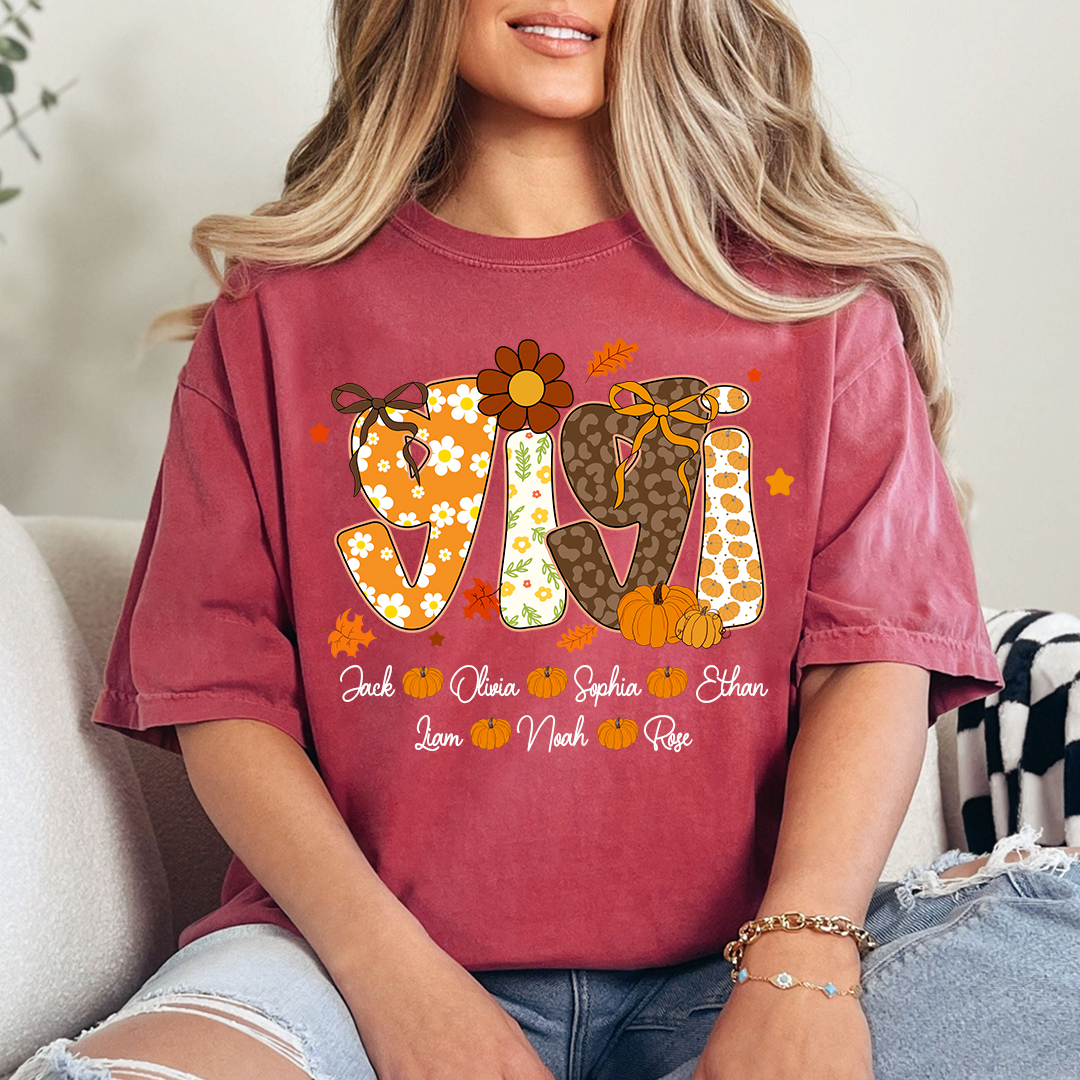 Personalized Pumkin Grandma TShirt, Custom Gigi Nickname with Kids’ Names