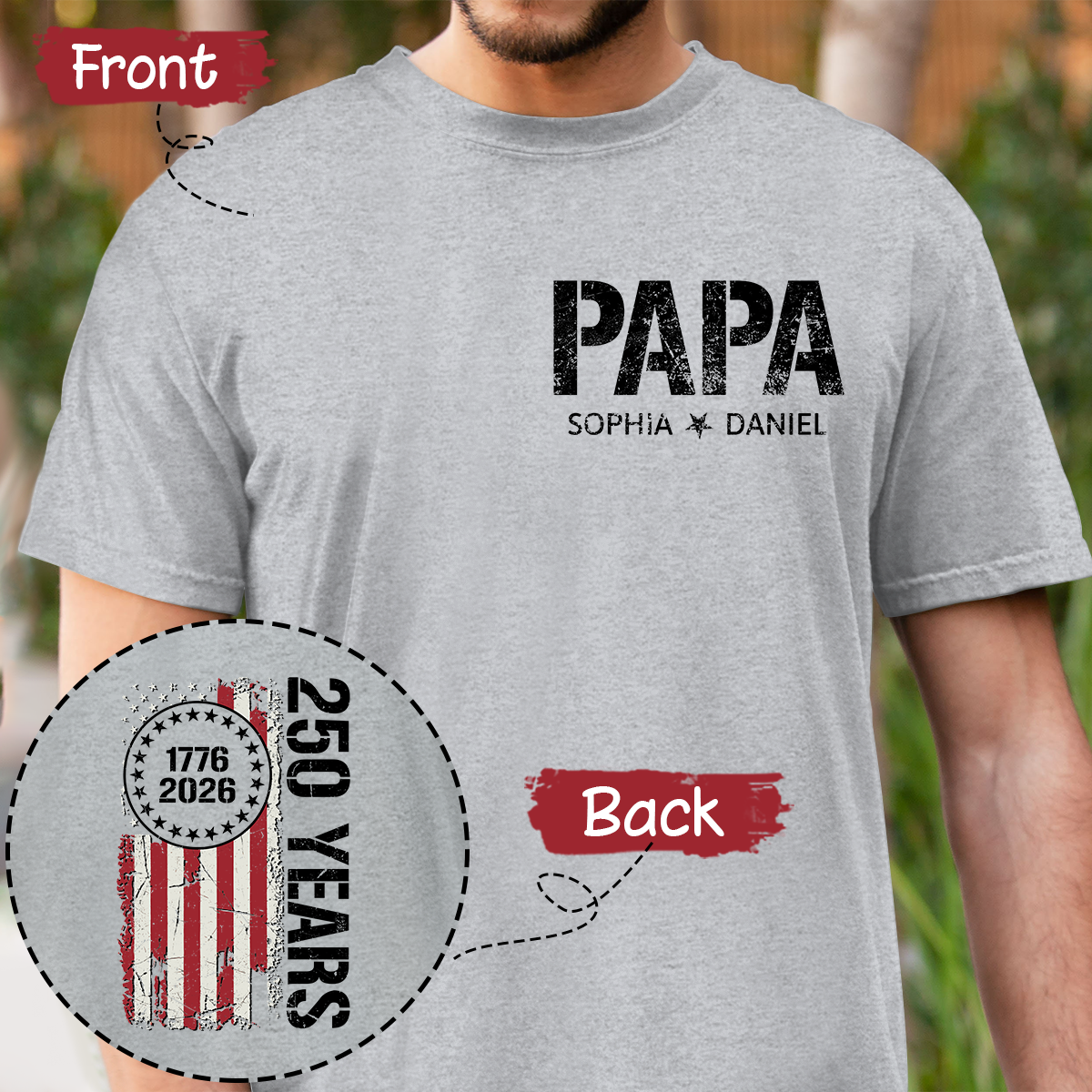 Personalized Papa T Shirt, Custom Family Names with Patriotic 250 Years of America Design, Perfect Gift for Father's Day