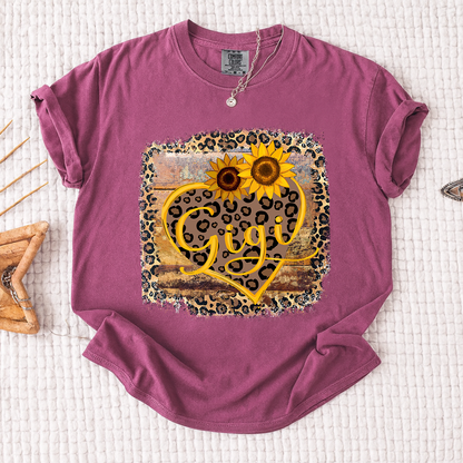 Comfort Colors Leopard Print Gigi Shirt, Personalized Sunflower Heart T-Shirt, Cute Grandmother Gift, Gigi Floral Leopard Tee, Gift for Mother's Day