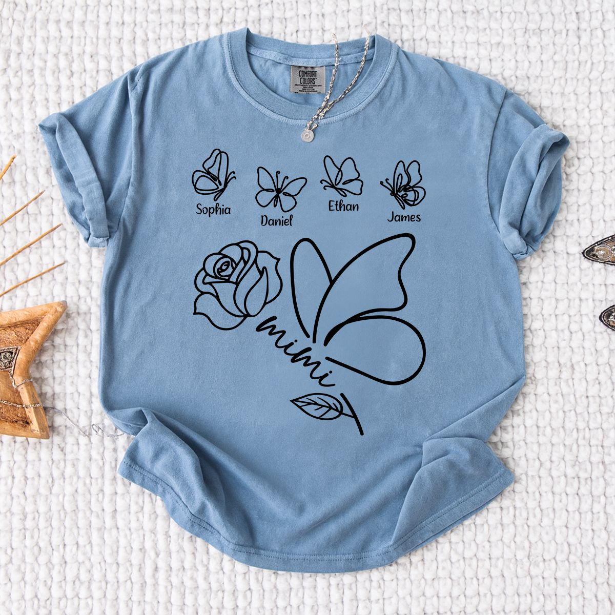 Comfort Colors Custom Mimi Shirt, Butterfly and Rose Graphic, Personalized with Kids Names, Family Gift