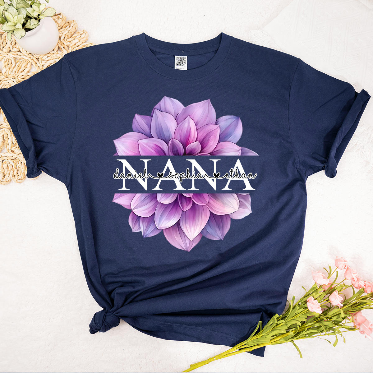 Custom Nana T Shirt with Beautiful Purple Flower, Personalized Grandma Gift with Grandkids Names