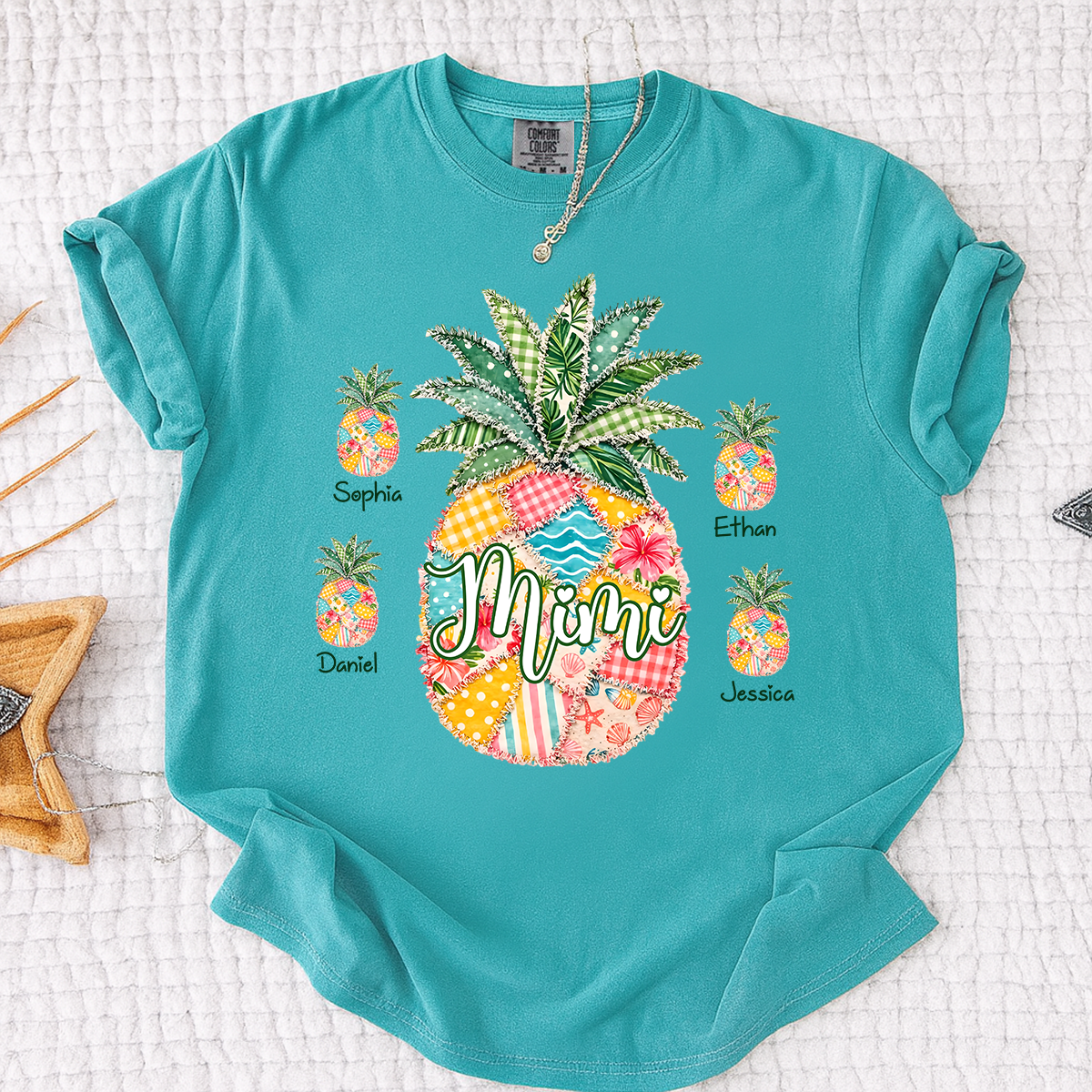 Comfort Colors Personalized Mimi Pineapple Shirt with Grandkids Names, Custom Grandma Tropical T Shirt for Women, Summer Beach Family Gift