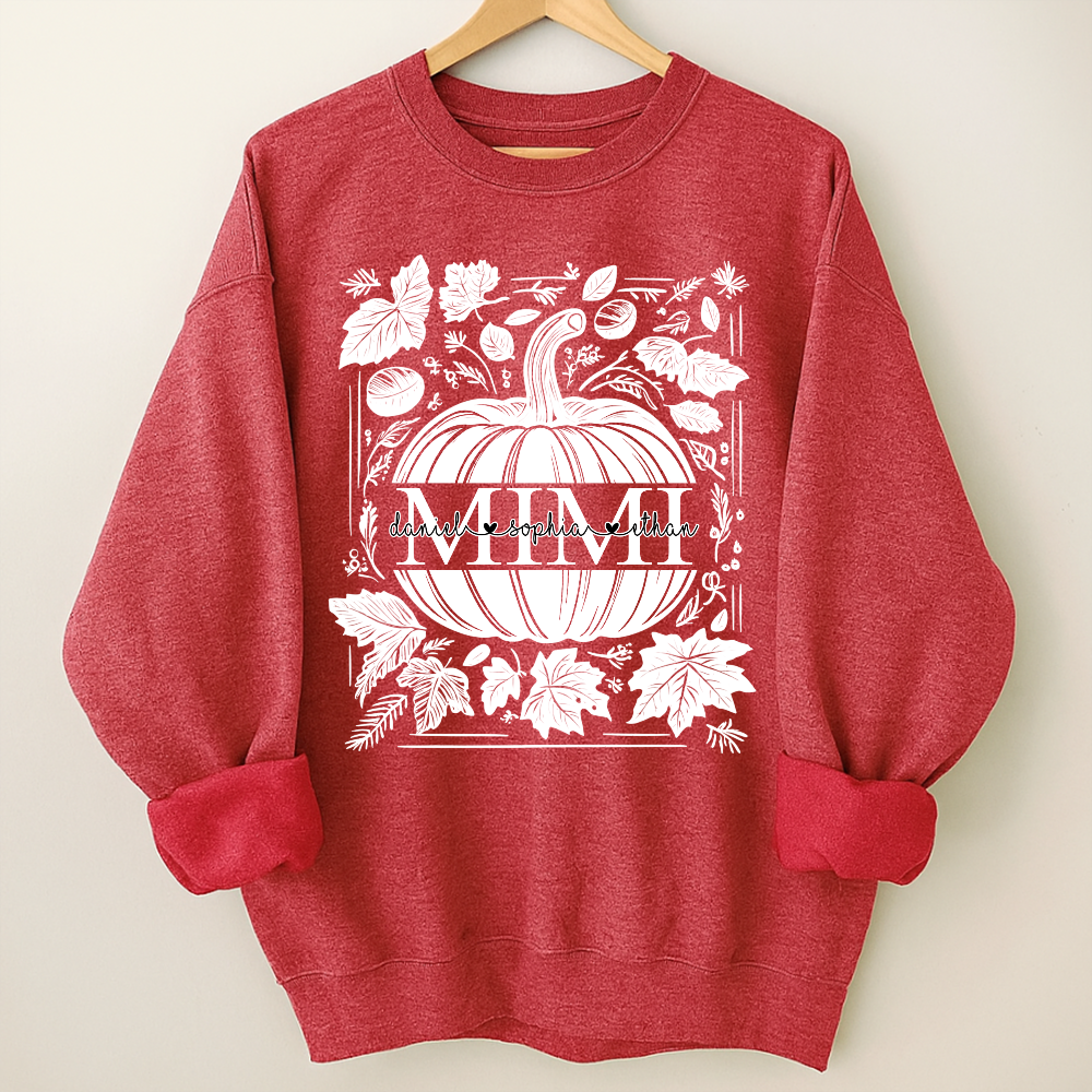 Custom Mimi Autumn Sweatshirt, Pumpkin and Leaf Design with Grandkids Names, Personalized Grandma Fall Apparel
