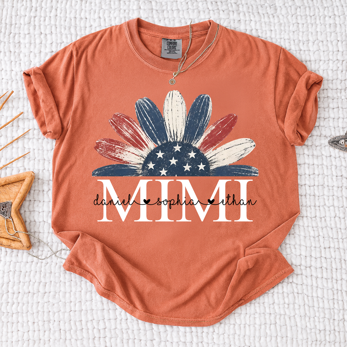 Comfort Colors Floral Mimi T Shirt, Custom Name Design with American Flag, Personalized Grandma Gift, Patriotic 4th of July Shirt