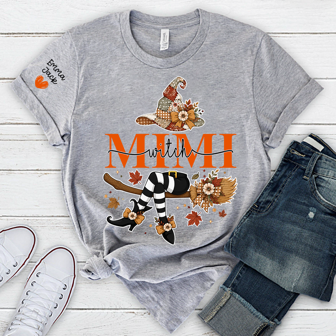 Funny Mimi Witch Shirt, Fall Halloween Grandma Graphic Tee, Personalized Family Names T Shirt, Cozy Autumn Gift for Mimi
