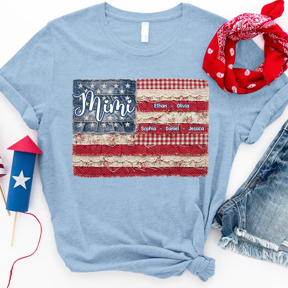 Personalized Mimi Shirt with Kids Names Patriotic American Flag Patchwork Design Custom Gift for Mom Grandma
