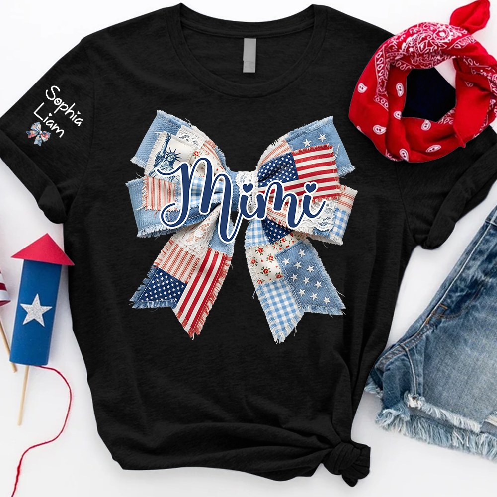 Patriotic Patchwork Bow Mimi T-Shirt, Personalized Grandma Tee with Kids Names for Birthday Mothers Day Christmas